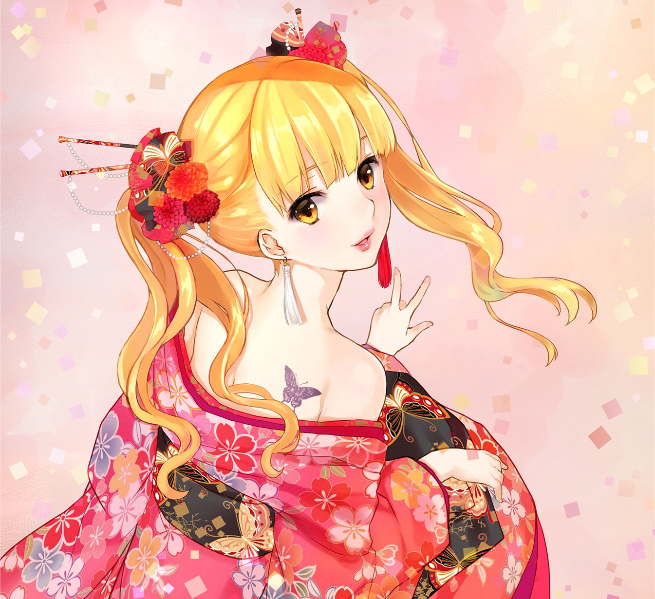1girl, bare_shoulders, blonde_hair, blush, butterfly, commentary_request, earrings, enkou_shoujo, floral_print, flower, hair_ornament, highres, japanese_clothes, jewelry, kimono, koizumi_amane, lips, long_hair, looking_at_viewer, looking_back, mitsuki_mako, off_shoulder, tattoo, twintails, yellow_eyes