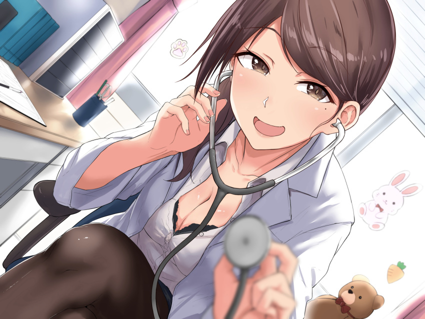 1girl, :d, bangs, black_bra, blurry, bra, breasts, brown_eyes