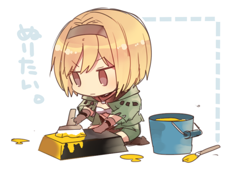 1girl, blonde_hair, bucket, chibi, djeeta_(granblue_fantasy), gold_bar, granblue_fantasy, hairband