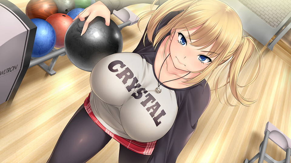 1girl, ball, bangs, blonde_hair, blue_eyes, bowling, bowling_alley, bowling_ball, breasts, brick_wall, closed_mouth, clothes_writing, collarbone, cowboy_shot, dutch_angle, eyebrows_visible_through_hair, fingernails, from_above, game_cg, holding, impossible_clothes, impossible_shirt, indoors, jasmin_(negligee), jewelry, kopianget, large_breasts, leggings, long_sleeves, miniskirt, necklace, negligee_(game), pendant, plaid, plaid_skirt, raglan_sleeves, red_skirt, serious, shirt, short_hair, short_twintails, sidelocks, skirt, solo, standing, tsurime, twintails, wooden_floor
