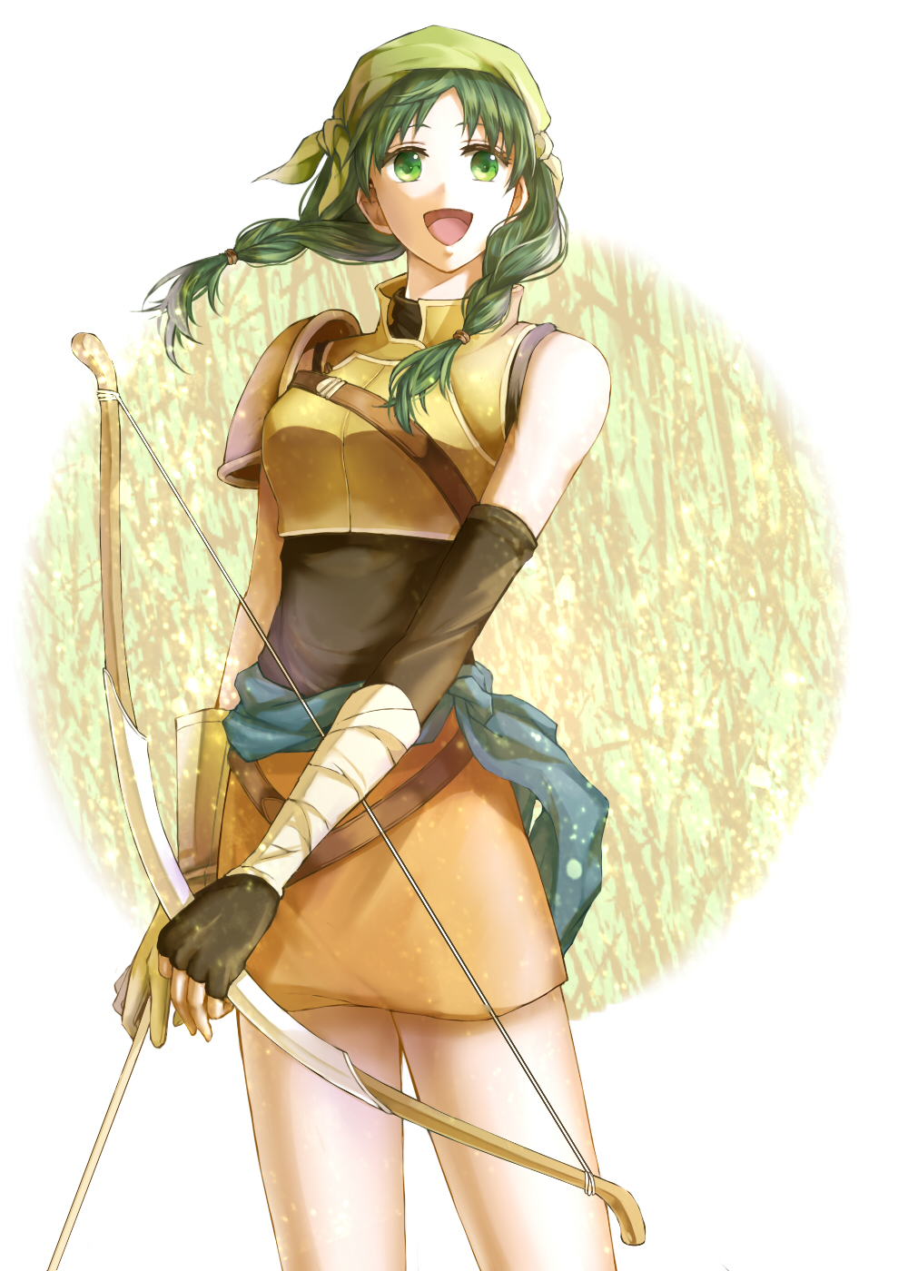 1girl, arm_warmers, armor, bandage, bandanna, bare_shoulders, bow_(weapon), bracer