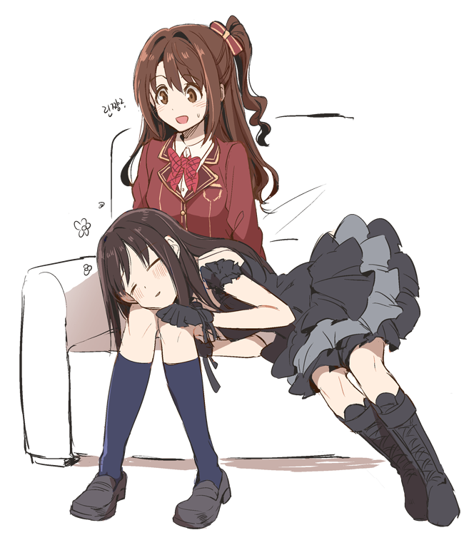 2girls, :d, akni, bare_shoulders, black_dress, black_gloves, black_gothic_dress_(idolmaster), blazer