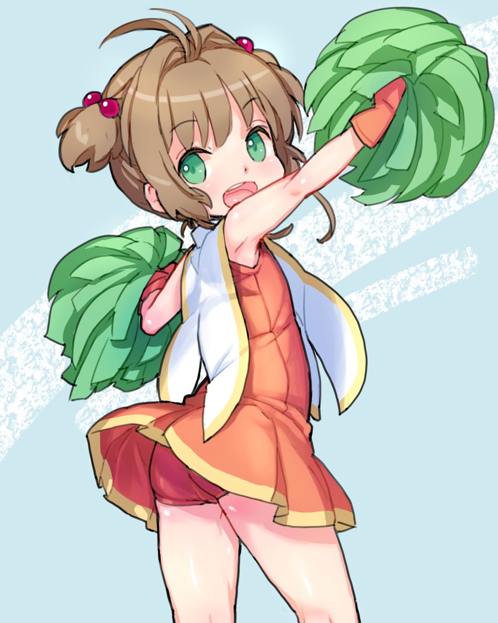 1girl, alternate_costume, antenna_hair, ass, brown_hair, card_captor_sakura, cheerleader, crop_top