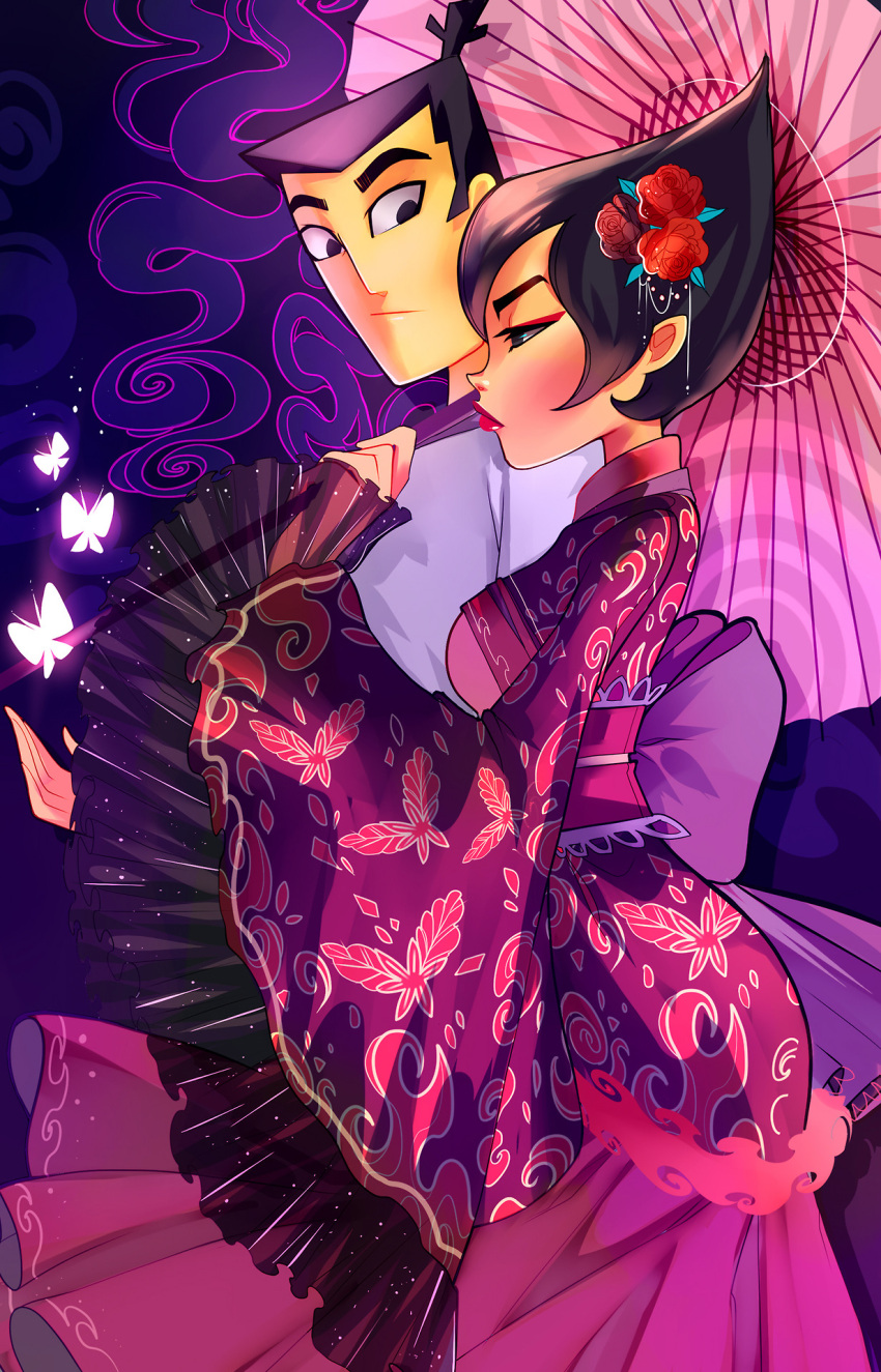 1boy, 1girl, ashi_(samurai_jack), black_hair, bow, breasts, butterfly, eyeliner