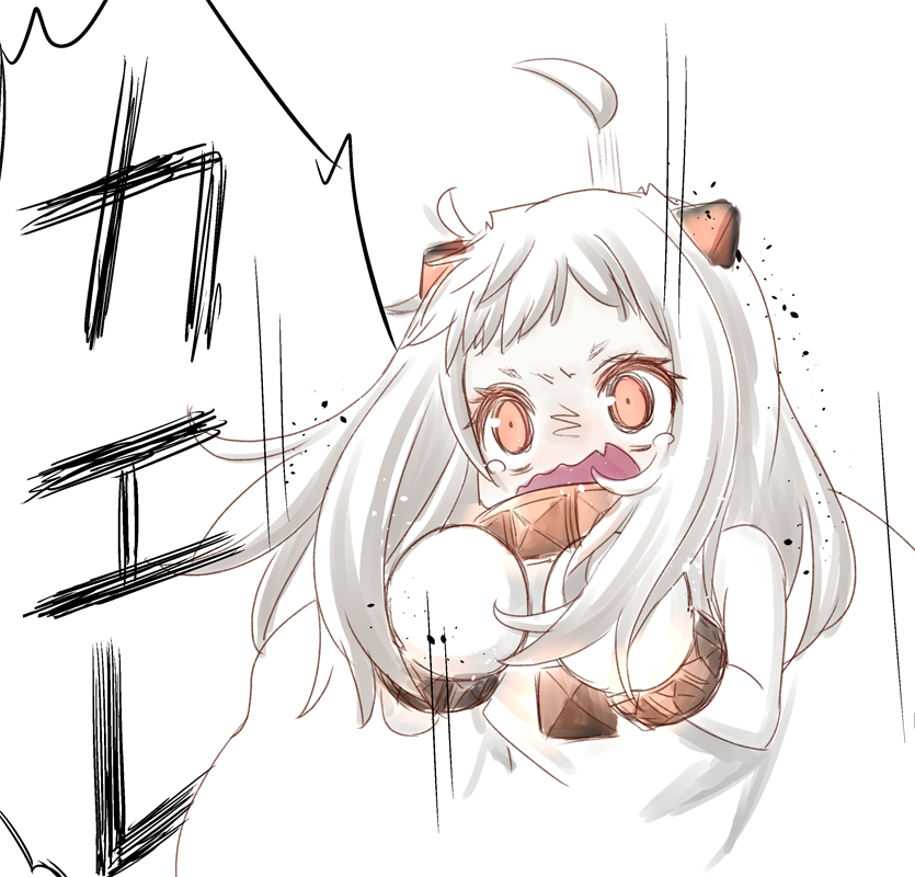 1girl, fang, fujisaki_yuu_(faint_wistaria), go_back!, holding, horns, kantai_collection, long_hair