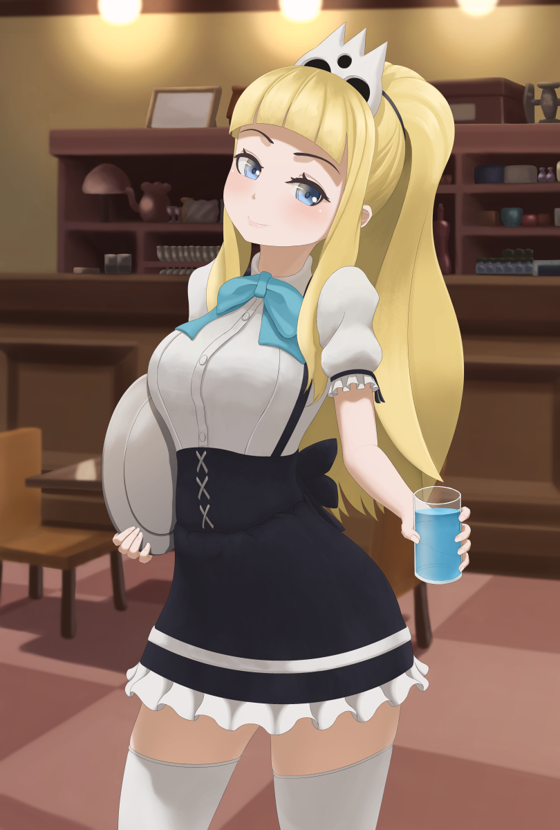 1girl, anidante, anya_hepburn, bangs, black_skirt, blonde_hair, blue_bow, blunt_bangs
