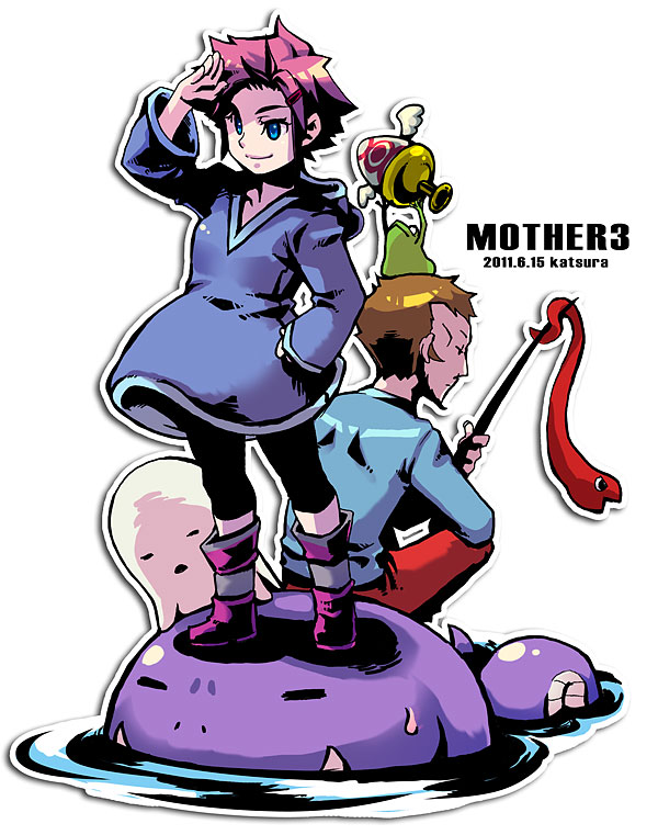 1boy, 1girl, blue_eyes, duster_(mother), frog, hood, hoodie, kumatora