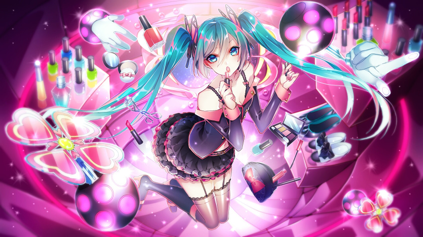 1055, 1girl, applying_makeup, aqua_eyes, blush, bow, breasts, butterfly_hair_ornament