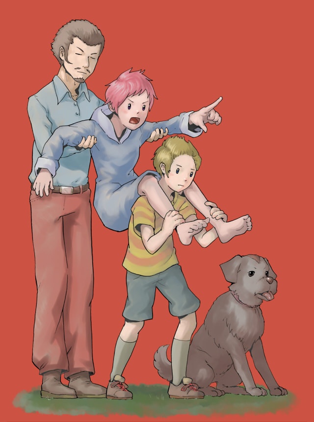 1girl, barefoot, boney, duster_(mother), kumatora, lucas, mother_(game), mother_3, multiple_boys, orizuru, pink_hair, short_hair