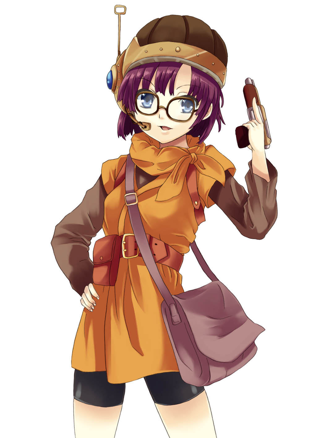 bike_shorts, blue_eyes, chrono_trigger, glasses, gun, helmet, highres, hinata_(pixiv)