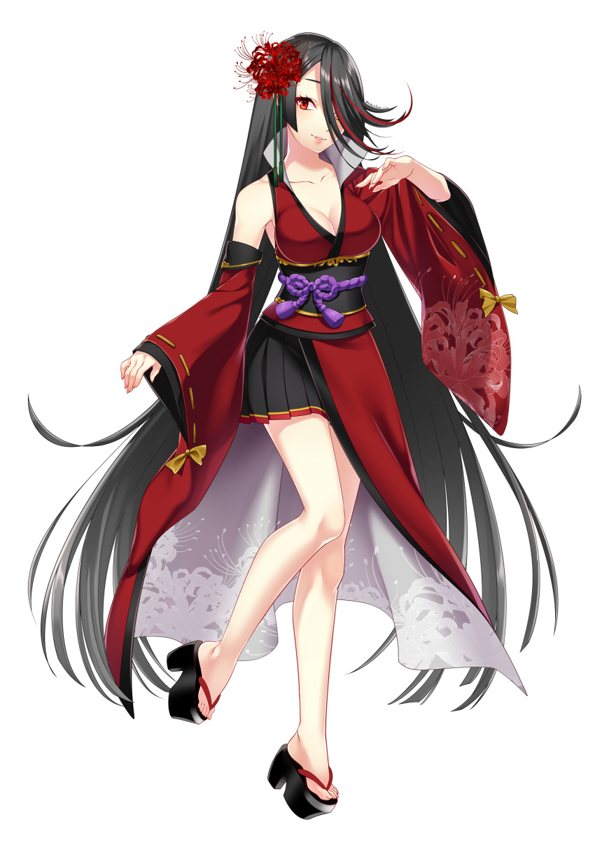 1girl, absurdly_long_hair, black_hair, black_skirt, breasts, cleavage, detached_sleeves, hair_over_one_eye, highres, japanese_clothes, kimono, large_breasts, long_hair, long_sleeves, looking_at_viewer, multicolored_hair, original, purple_rope, red_eyes, red_kimono, redhead, rope, sakura_chiyo_(konachi000), sandals, skirt, solo, very_long_hair, yukata