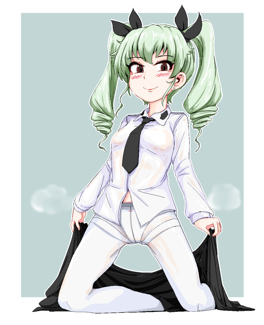 1girl, anchovy, anzio_school_uniform, bangs, black_necktie, black_ribbon, bow, bow_panties