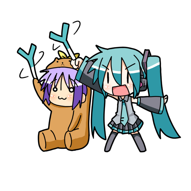 :3, animal_costume, aqua_hair, arm_up, bear_costume, bear_tsukasa, capybara-san, chibi