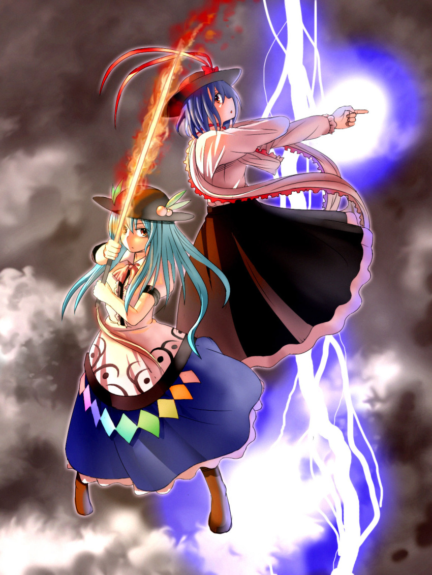 hat, highres, hinanawi_tenshi, lightning, long_skirt, multiple_girls, nagae_iku, orga_(pixiv)