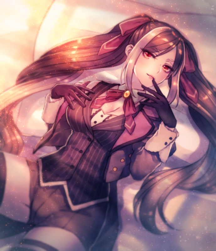 +_+, 1girl, amber_(stone), bare_shoulders, bed_sheet, black_gloves, black_jacket, black_legwear, black_shorts, blurry, blush, breasts, brooch, buttons, cleavage, cropped_jacket, day, depth_of_field, detached_collar, dust, eyebrows_visible_through_hair, finger_to_mouth, from_above, fur-trimmed_sleeves, fur_trim, gloves, hair_ribbon, head_tilt, jacket, jewelry, long_hair, long_sleeves, looking_at_viewer, lopunny, lying, medium_breasts, moe_(hamhamham), multicolored_hair, off_shoulder, on_back, on_bed, open_clothes, open_jacket, parted_lips, personification, pillow, pink_lips, pokemon, red_eyes, red_ribbon, ribbon, shiny, shiny_hair, shorts, solo, streaked_hair, striped, sunlight, tagme, thigh-highs, twintails, vertical_stripes, very_long_hair, white_hair