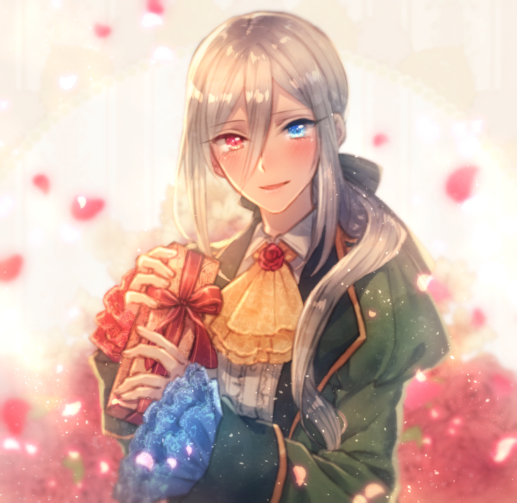 androgynous, blue_eyes, blush, cravat, formal, gift, heterochromia, long_hair