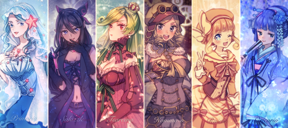 6+girls, :d, :p, ;d, alolan_raichu, bangs, belt, black_bow