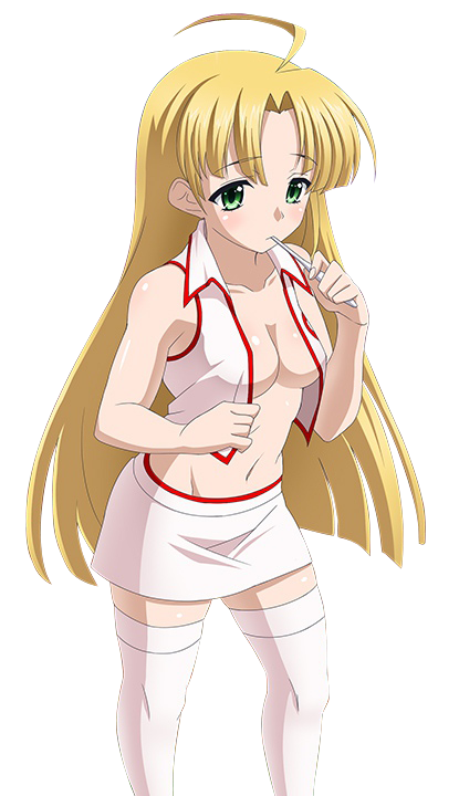 1girl, ahoge, anvel, asia_argento, blonde_hair, collarbone, eyebrows_visible_through_hair, green_eyes