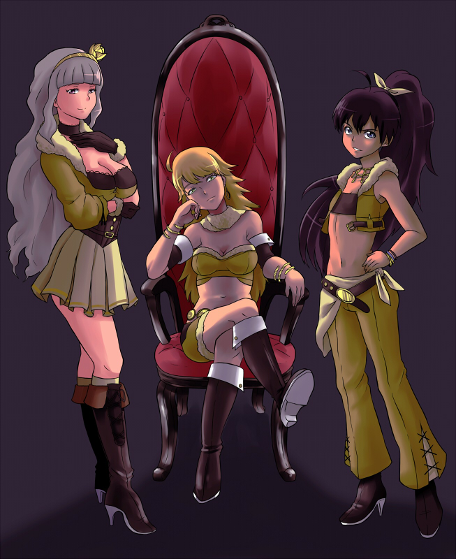 amanooni_touri, belt, black_hair, blonde_hair, boots, chair, chin_rest, ganaha_hibiki