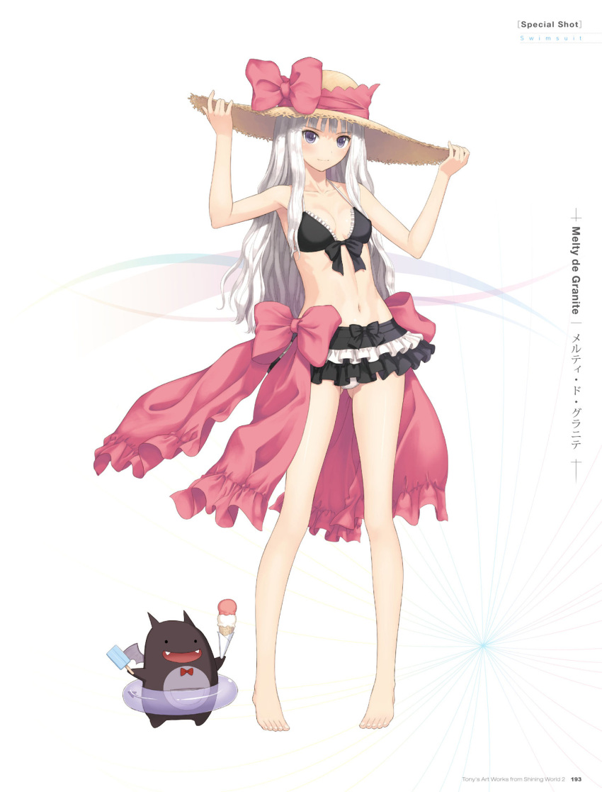 1girl, artist_name, barefoot, bikini, bikini_skirt, black_bikini_top, bow, breasts