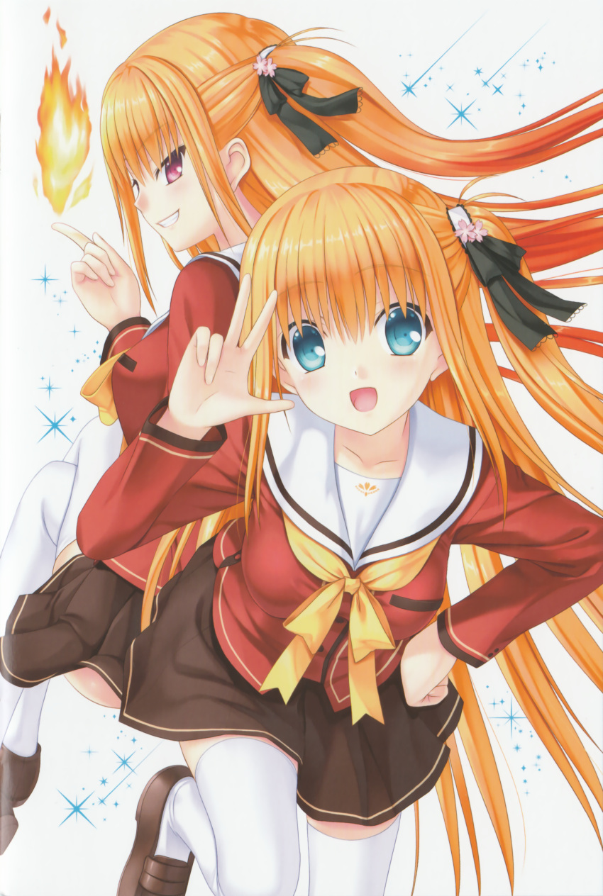 2girls, :d, absurdres, black_ribbon, black_skirt, blonde_hair, blue_eyes, charlotte_(anime)