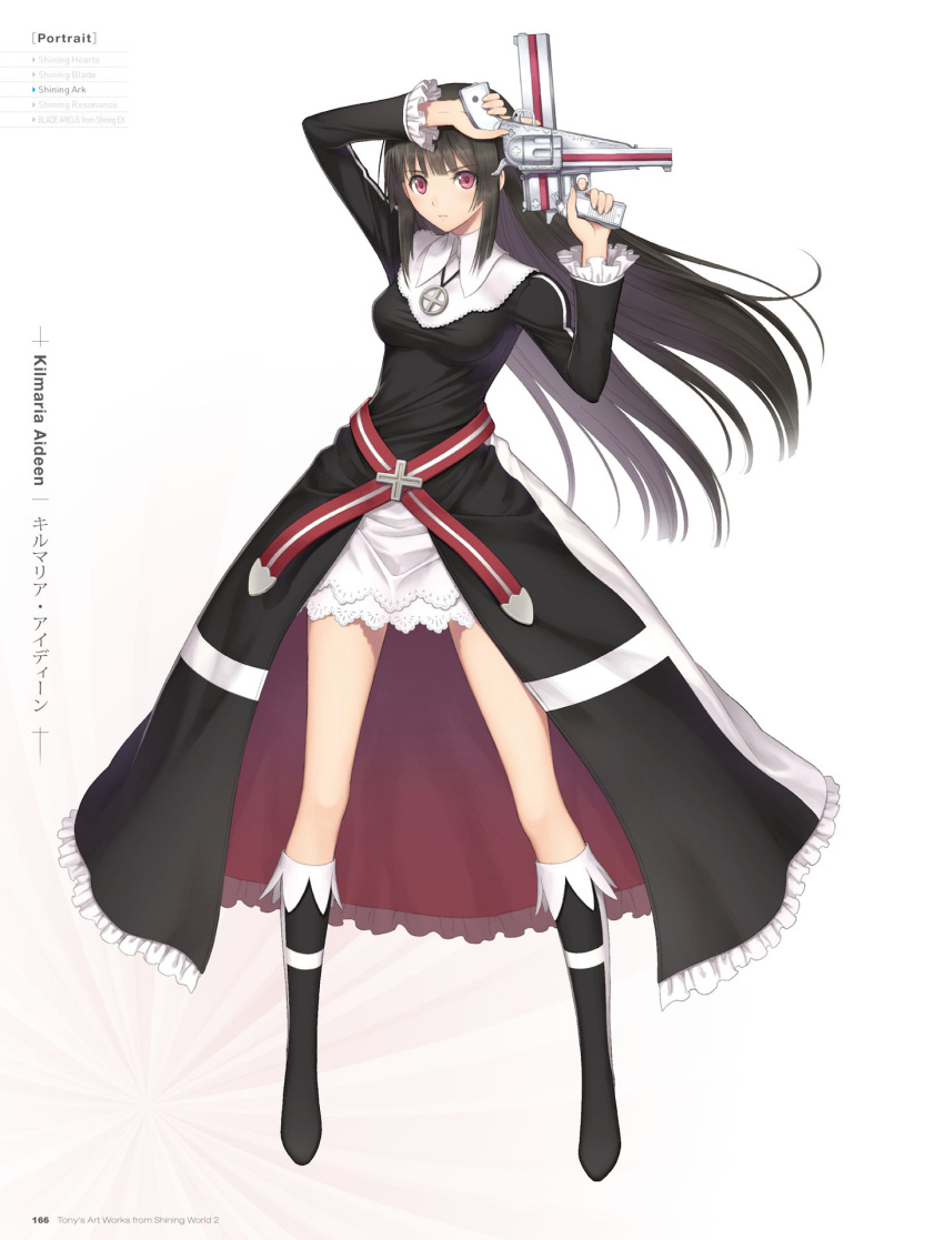1girl, artist_name, black_dress, black_hair, boots, breasts, dress, dual_wielding