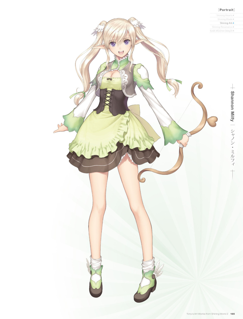 1girl, :d, artist_name, blonde_hair, bow_(weapon), breasts, cleavage, copyright_name, dress, elf, full_body, green_dress, hair_ornament, highres, holding, holding_weapon, long_hair, looking_at_viewer, medium_breasts, open_mouth, pointy_ears, shannon_milfy, shining_(series), shining_world, simple_background, smile, socks, solo, standing, tanaka_takayuki, twintails, violet_eyes, weapon, white_background, white_legwear