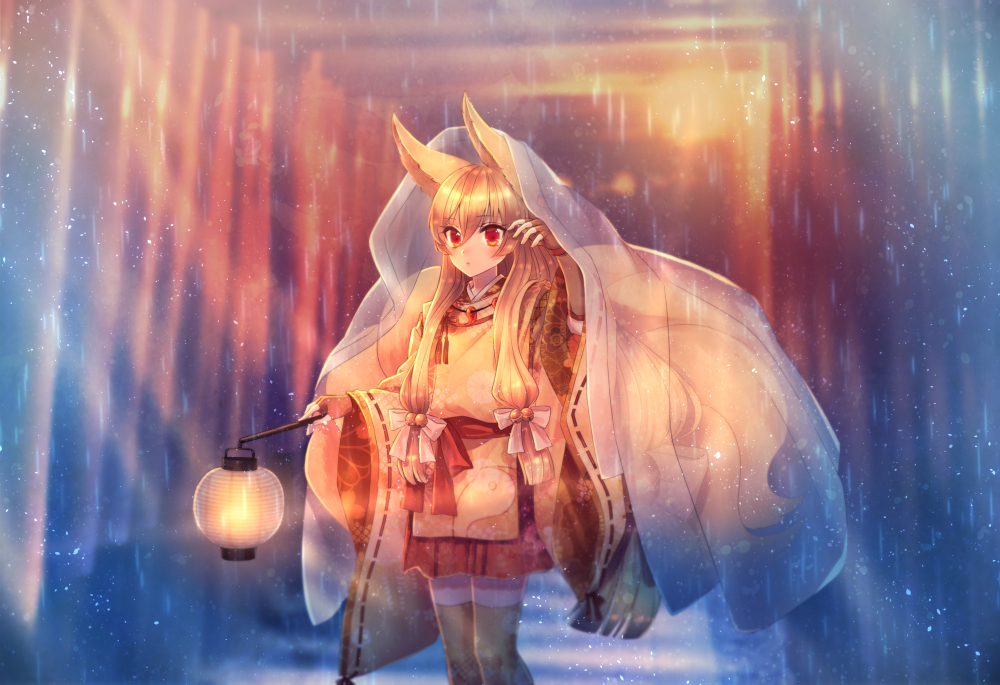 animal_ears, fingerless_gloves, fox_ears, full_body, gloves, lantern, long_hair, magatama