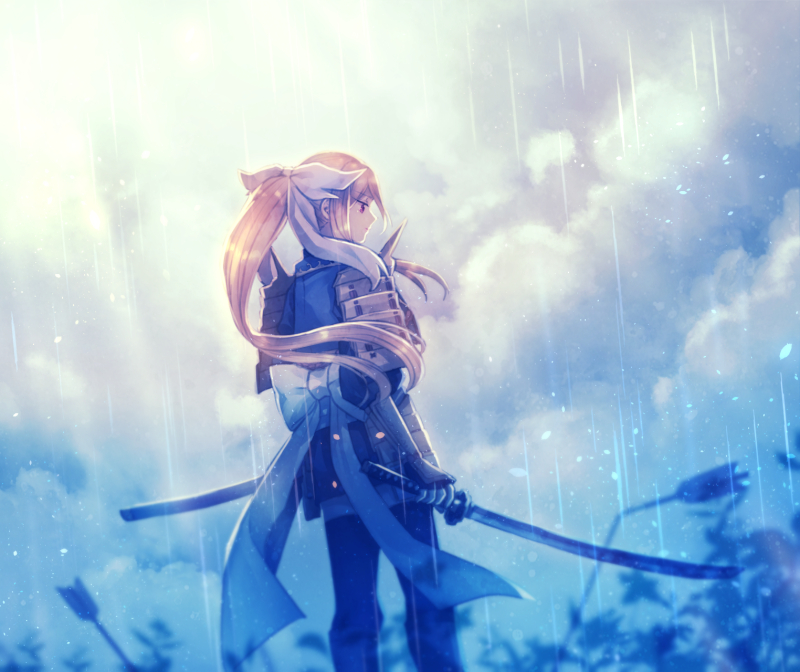 1girl, armor, blonde_hair, broken_arrow, gauntlets, japanese_armor, katana, looking_away, personification, planted_weapon, pokemon, ponytail, red_eyes, samurott, sash, sheath, shoulder_spikes, solo, spikes, sword, weapon