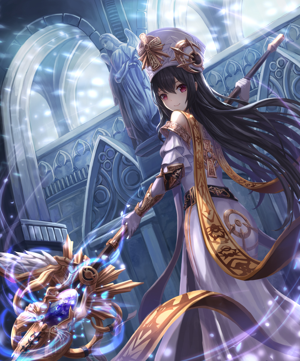 1girl, angel_statue, arch, architecture, arm_up, backlighting, bangs, bare_shoulders