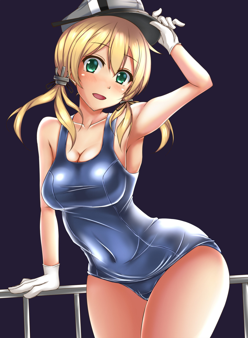 1girl, alternate_costume, anchor_hair_ornament, aqua_eyes, blonde_hair, blush, breasts, cleavage