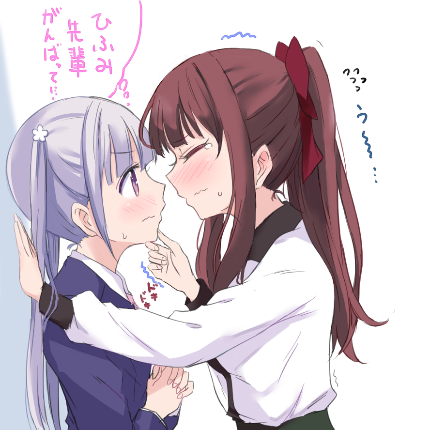 2girls, against_wall, blush, business_suit, closed_eyes, flying_sweatdrops, formal, from_side