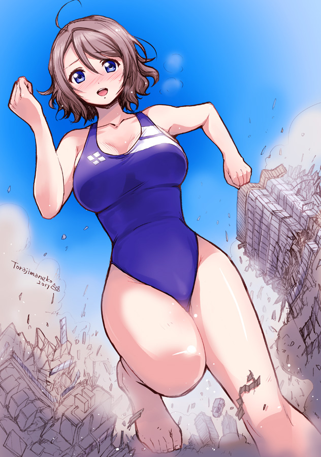1girl, 2017, artist_name, barefoot, blue_eyes, blue_swimsuit, blush, brown_hair, building, competition_swimsuit, destruction, from_below, giantess, love_live!, love_live!_sunshine!!, one-piece_swimsuit, running, short_hair, solo, swimsuit, torajimaneko, watanabe_you