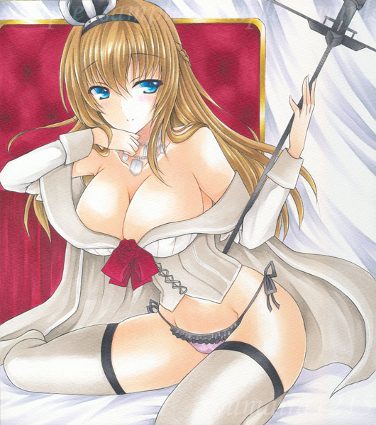 1girl, bare_shoulders, blonde_hair, blue_eyes, blush, braid, breasts, cleavage