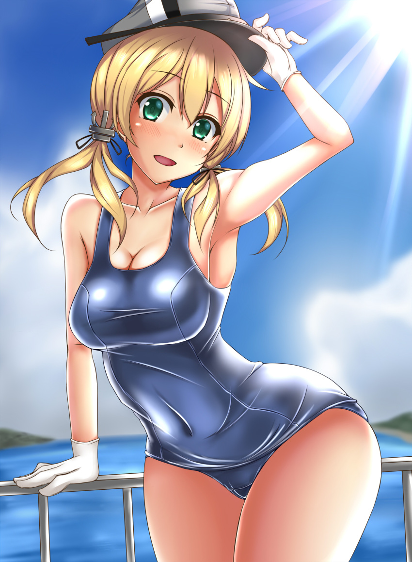1girl, alternate_costume, anchor_hair_ornament, aqua_eyes, blonde_hair, blush, breasts, cleavage