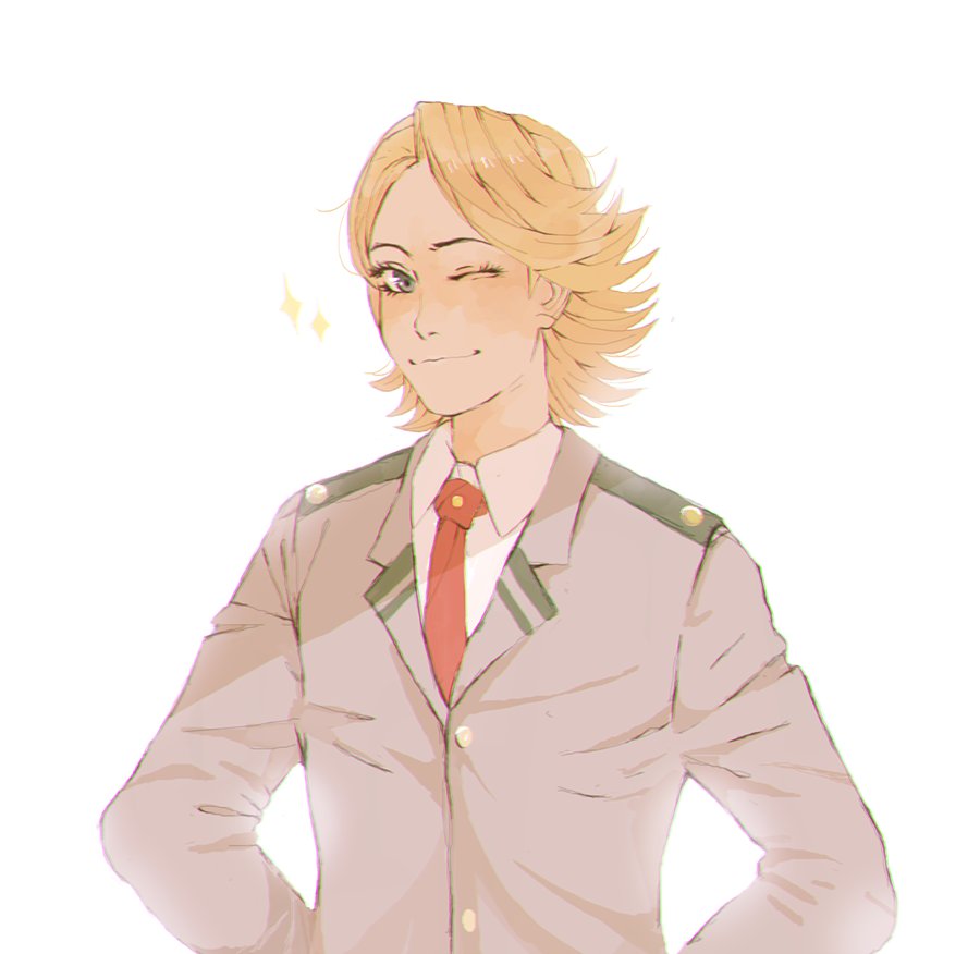 1boy, ammeja, aoyama_yuuga, blonde_hair, blue_eyes, boku_no_hero_academia, male_focus, necktie, one_eye_closed, school_uniform, simple_background, solo, sparkle, white_background