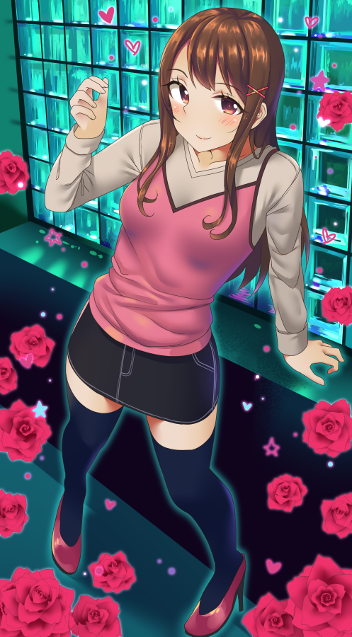 1girl, breasts, brown_eyes, brown_hair, flower, hair_ornament, high_heels, long_hair