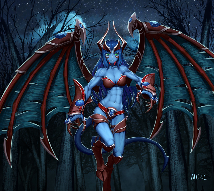 1girl, abs, armor, artist_name, blue_hair, blue_skin, claws, defense_of_the_ancients