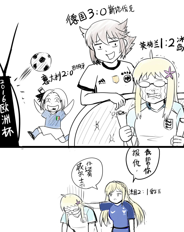 ball, bismarck_(zhan_jian_shao_nyu), blonde_hair, chinese, comic, crying, england, euro_2016