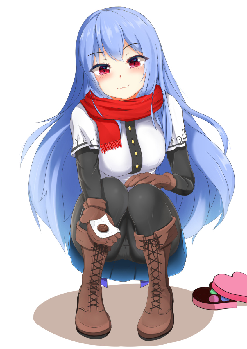 1girl, :3, blue_hair, blush, boots, buttons, chocolate, closed_mouth
