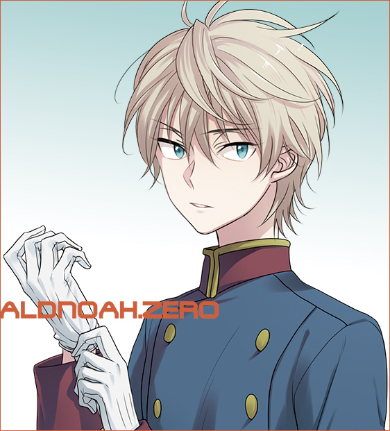 1boy, adjusting_clothes, adjusting_gloves, akuta_michi, aldnoah.zero, bangs, blue_eyes, copyright_name