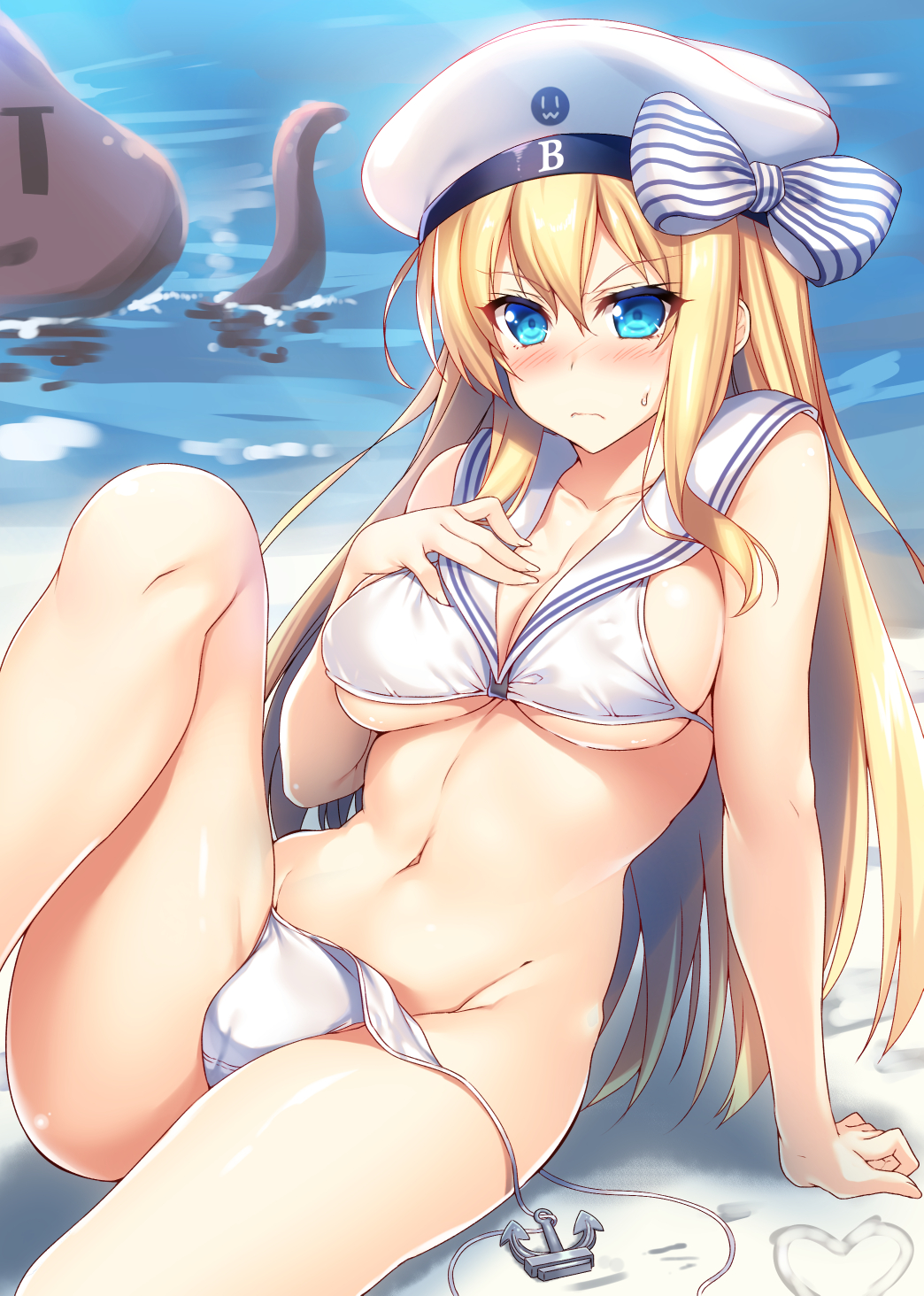 >:(, 1girl, alternate_costume, arm_support, beach, bikini, bismarck_(kantai_collection), blonde_hair