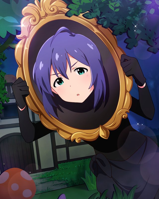 ahoge, black_clothes, blue_hair, building, costume, eyebrows, gloves, green_eyes