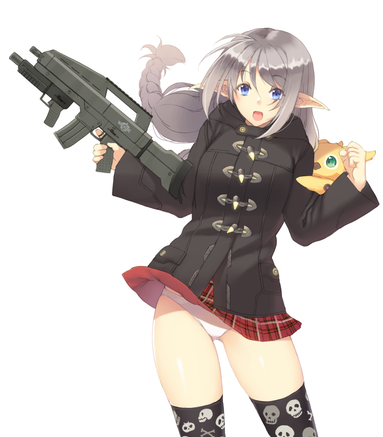 1girl, bangs, black_legwear, blush, bone_print, braid, character_request, duffel_coat, eyebrows_visible_through_hair, floating_hair, grey_hair, gun, hands_up, holding, holding_gun, holding_weapon, long_hair, looking_at_viewer, nakadori_(movgnsk), open_mouth, panties, pantyshot, pantyshot_(standing), phantasy_star, phantasy_star_online_2, plaid, plaid_skirt, pointy_ears, red_skirt, sidelocks, simple_background, single_braid, skirt, skirt_lift, skull_print, smile, solo, standing, thigh-highs, trigger_discipline, underwear, upskirt, weapon, white_background, white_panties, wind, wind_lift, xm8