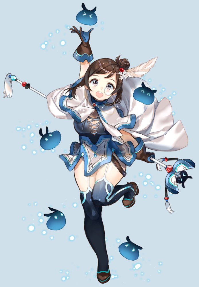 >_<, 1girl, :d, adapted_costume, anco_(melon85), arm_at_side, arm_up, bangs, beads, blue_dress, blue_gloves, blue_legwear, breasts, brown_eyes, brown_hair, brown_shoes, buck_teeth, cape, cleavage, closed_eyes, creature, cross-laced_clothes, dress, feathers, garter_straps, glasses, gloves, hair_bun, hair_ornament, holding, holding_staff, leg_up, light_particles, medium_breasts, mei_(overwatch), monocle, one_leg_raised, open_mouth, overwatch, shoes, short_dress, short_hair, sidelocks, smile, snowball_(overwatch), solo, staff, standing, standing_on_one_leg, swept_bangs, teeth, thigh-highs, thigh_strap, violet_eyes