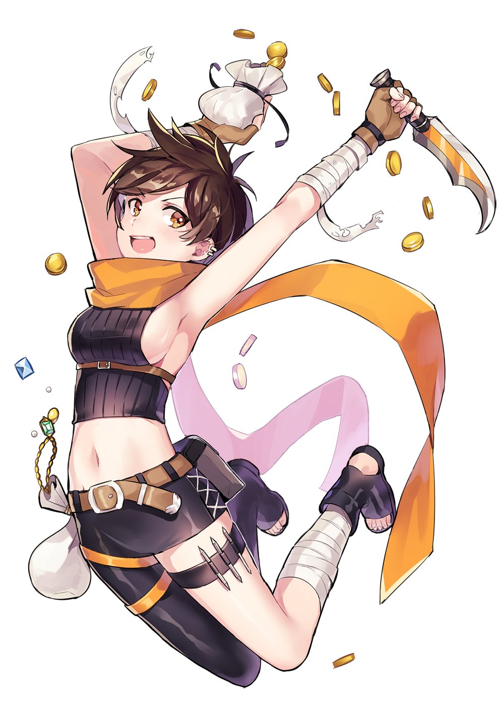 >:d, 1girl, :d, adapted_costume, armpits, arms_up, asymmetrical_clothes, asymmetrical_legwear