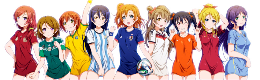 2014_fifa_world_cup, 6+girls, \m/, adidas, alternate_costume, alternate_hairstyle, argentina, arm_up