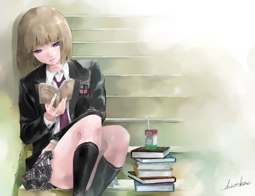 1girl, ass, black_legwear, book, book_stack, brown_hair, himiko_(326ontheweb), juice_box, kneehighs, necktie, open_book, original, reading, school_uniform, short_hair, sitting, skirt, solo, stairs, violet_eyes
