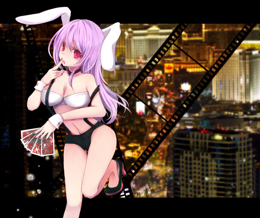 1girl, animal_ears, breasts, bunny_girl, card, city, city_lights, cityscape