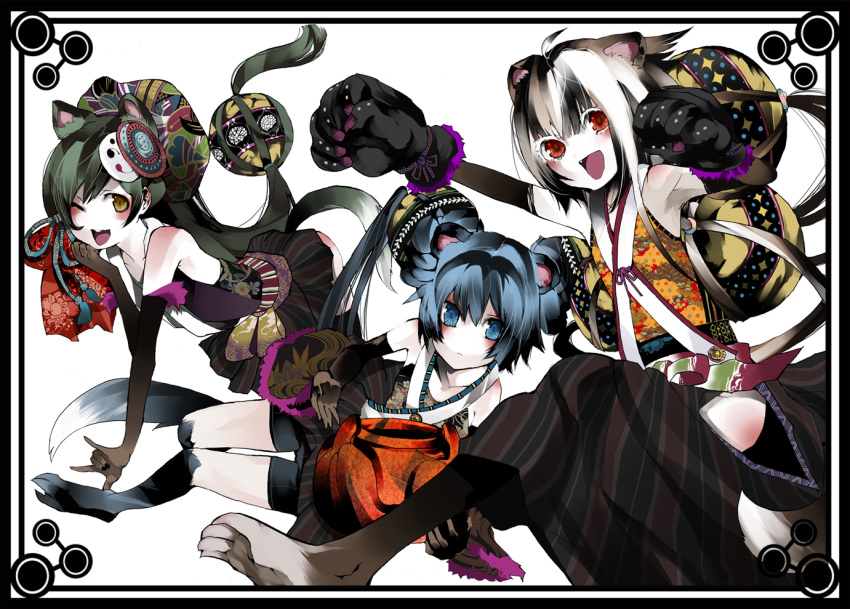 animal_ears, blue_eyes, blue_hair, brown_eyes, catgirl, eyeshadow, fang, green_hair